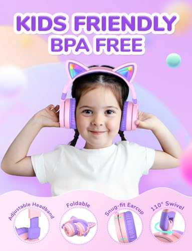 iClever Kids Bluetooth Headphones, Light Up Cat Ear, Safe Volume 74/85dBA,60H Playtime,Bluetooth 5.3,USB C Charging,Wireless Kids Headphones AUX Cord for iPad Tablets School Travel,Meow Cookies-Purple