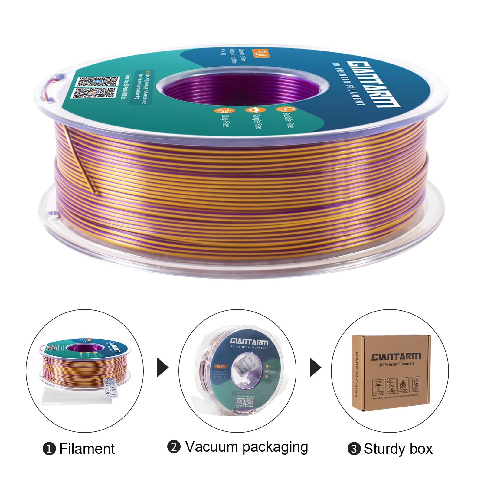 GIANTARM Tri-Colors Silk Pla Filament, 3D Printer Filament 1.75mm +/-0.02mm, 1Kg (2.2lbs) Spool, Vacuum Packaging（Red+Gold+Purple）