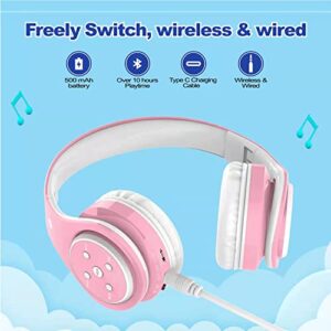 Woice Kids Bluetooth Headphones 85db/110db Volume Limit Wireless/Wired Aux Port Foldable Noise Protection Over-Ear Build-in Mic Headphones for Kids Adults Travel School Phone Pad Tablet PC Pink