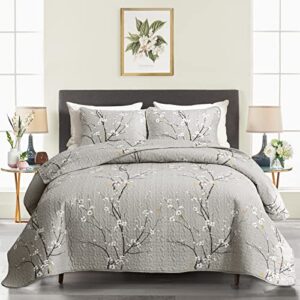 3 pieces quilt set queen full size 88x88 gray branch floral style soft reversible microfiber lightweight coverlet bedspread summer bedding set bed cover for all season (1 quilt+ 2 shams)