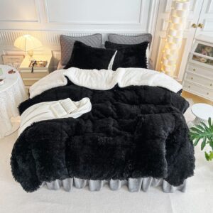 UOZZI BEDDING Black Faux Fur Comforter Set Queen 3 Pieces - 1 Black Shaggy Comforter Set 90x90 and 2 Pillowcases, Ultra Soft and Easy Care Luxury Plush Shaggy Duvet Set