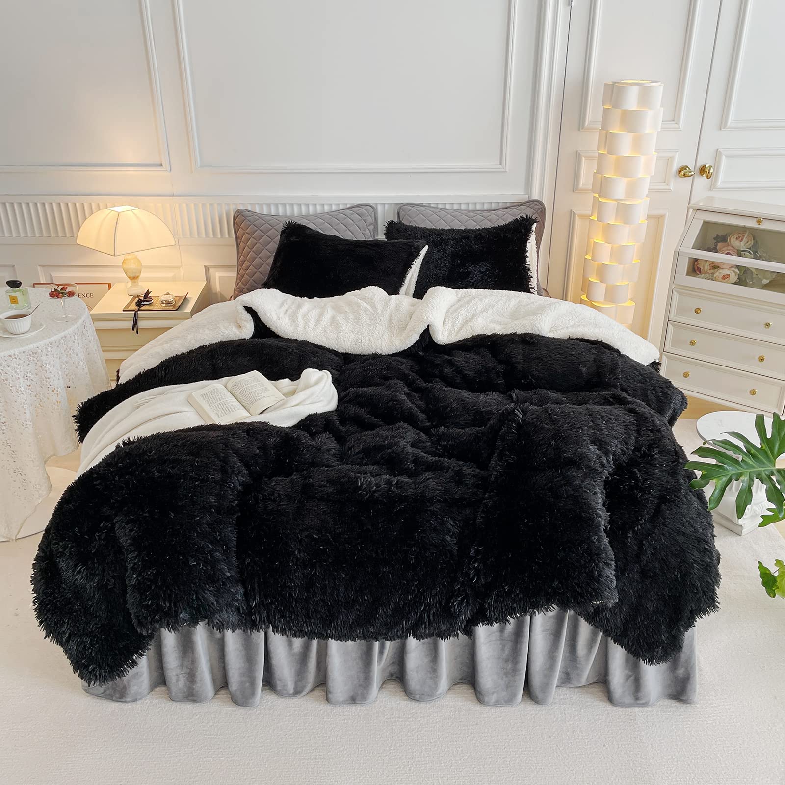 UOZZI BEDDING Black Faux Fur Comforter Set Queen 3 Pieces - 1 Black Shaggy Comforter Set 90x90 and 2 Pillowcases, Ultra Soft and Easy Care Luxury Plush Shaggy Duvet Set