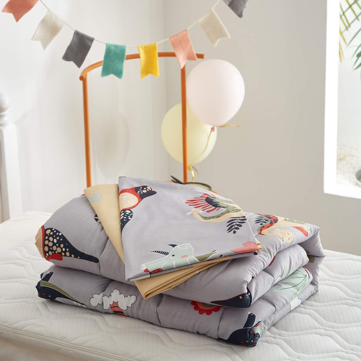 UOZZI BEDDING 4 Piece Gray Dinosaurs Toddler Bedding Set with Colorful Dinos Boys Bed Comforter Sheet Set