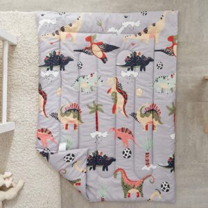 UOZZI BEDDING 4 Piece Gray Dinosaurs Toddler Bedding Set with Colorful Dinos Boys Bed Comforter Sheet Set