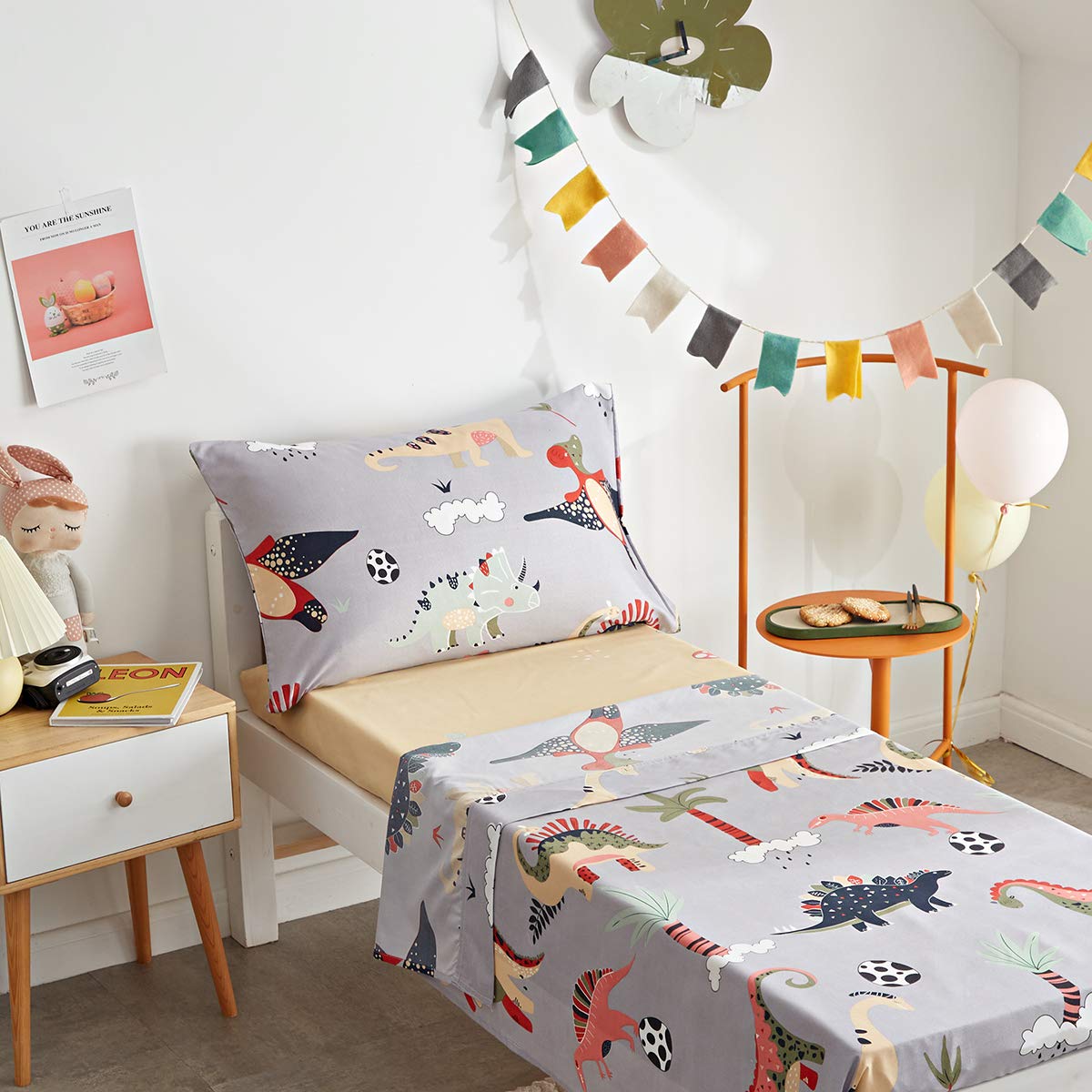 UOZZI BEDDING 4 Piece Gray Dinosaurs Toddler Bedding Set with Colorful Dinos Boys Bed Comforter Sheet Set