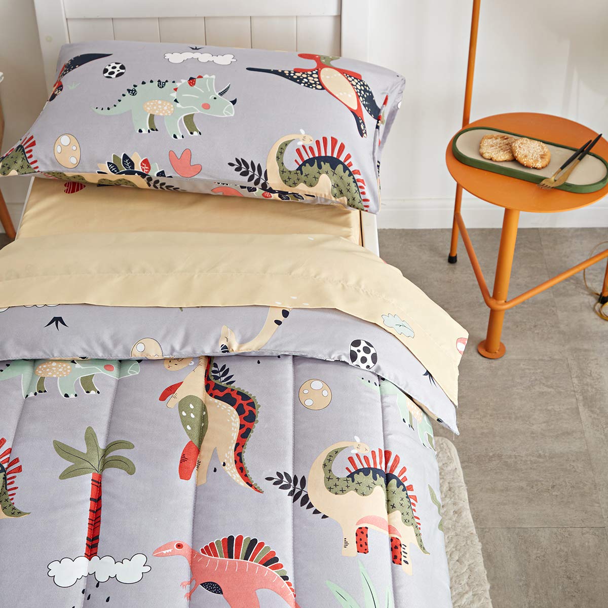 UOZZI BEDDING 4 Piece Gray Dinosaurs Toddler Bedding Set with Colorful Dinos Boys Bed Comforter Sheet Set