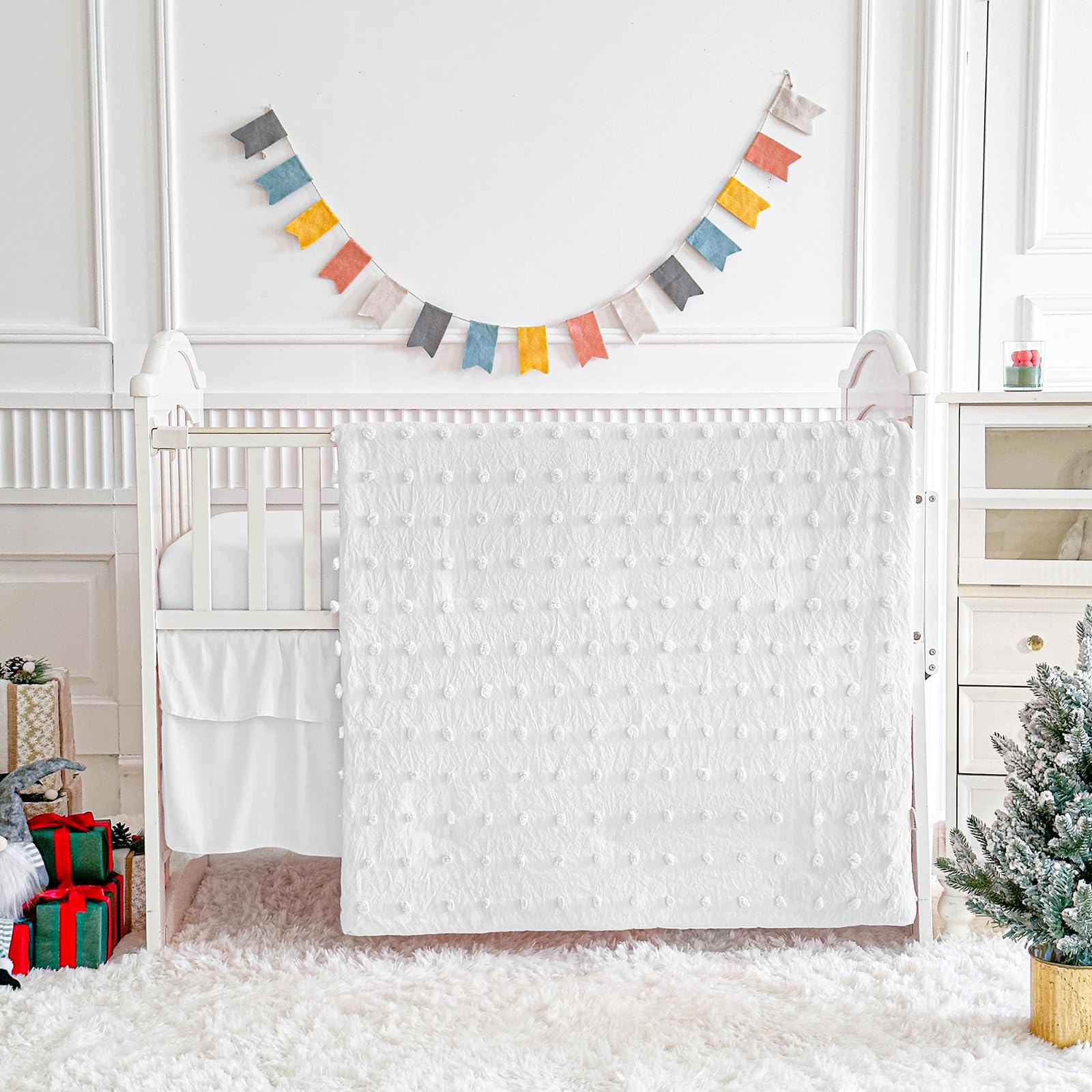 White Crib Bedding Set Tufted Dots Jacquard Baby Comforter with Fitted Sheet and Bed Skirt - Cute Embroidery Boho Shabby Chic Soft Blanket Pom Pom Tufts 3pc Crib Bed Set