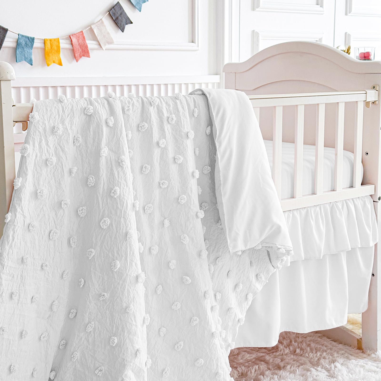 White Crib Bedding Set Tufted Dots Jacquard Baby Comforter with Fitted Sheet and Bed Skirt - Cute Embroidery Boho Shabby Chic Soft Blanket Pom Pom Tufts 3pc Crib Bed Set