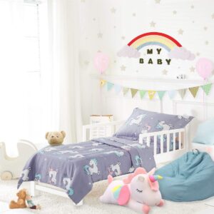 uozzi bedding unicorn 4 piece toddler bedding set with rainbow stars blue-gray - includes adorable quilted comforter, fitted sheet, top sheet, and pillow case for girls boys bed