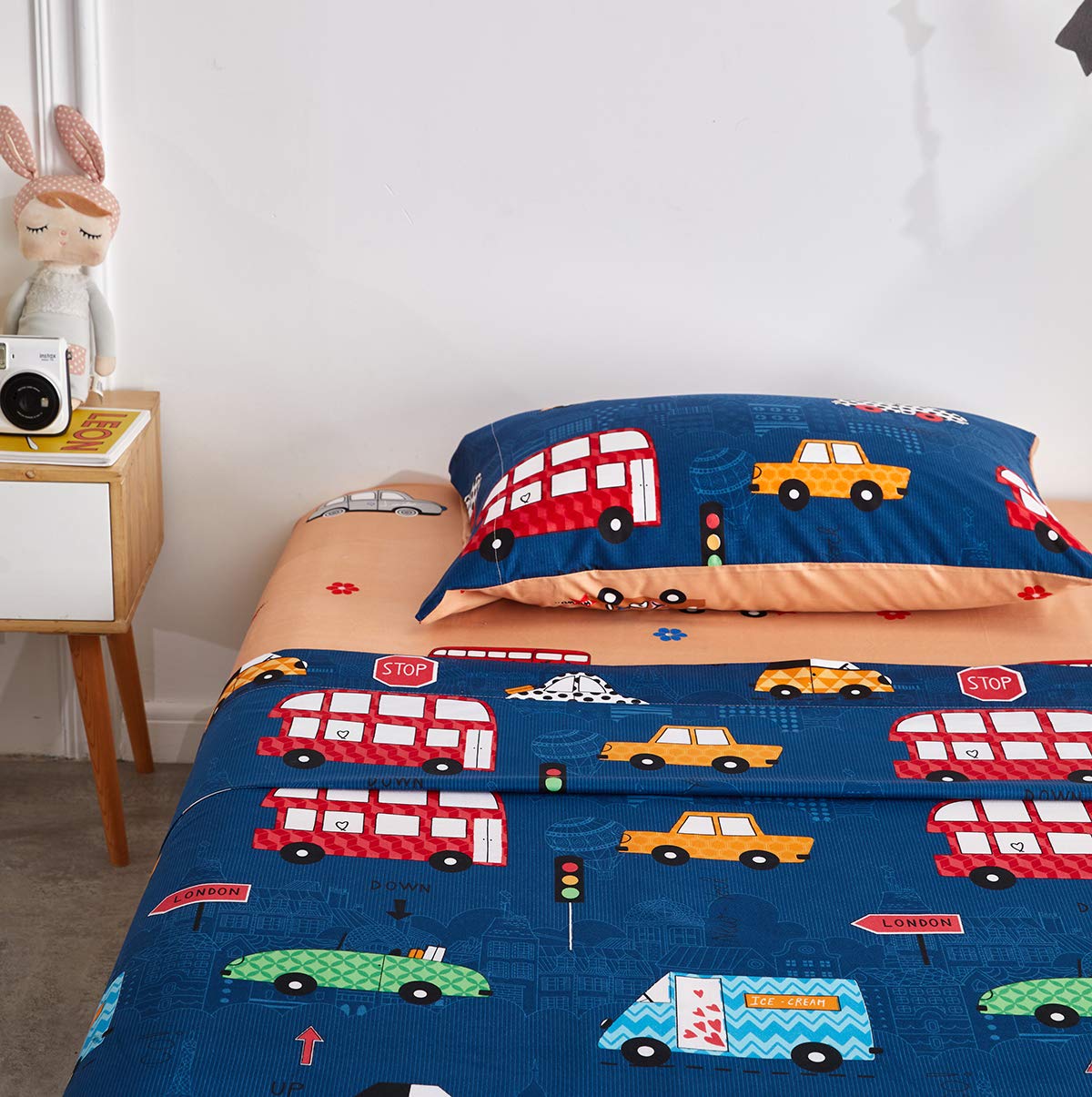 UOZZI BEDDING Queen Sheet Set for Boys Kids Teens Cute 4 Pieces Microfiber Navy Bedding Set with Green Red Orange Blue Cars Bus Colorful Traffic Style