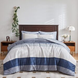 uozzi bedding cotton striped comforter sheet set queen size 7 pieces bed in a bag with navy white blue-gray stripes soft bed set (1 comforter 2 pillow shams 1 flat sheet 1 fitted sheet 2 pillowcases)