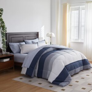 UOZZI BEDDING Cotton Striped Comforter Sheet Set Queen Size 7 Pieces Bed in a Bag with Navy White Blue-Gray Stripes Soft Bed Set (1 Comforter 2 Pillow Shams 1 Flat Sheet 1 Fitted Sheet 2 Pillowcases)