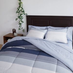 UOZZI BEDDING Cotton Striped Comforter Sheet Set Queen Size 7 Pieces Bed in a Bag with Navy White Blue-Gray Stripes Soft Bed Set (1 Comforter 2 Pillow Shams 1 Flat Sheet 1 Fitted Sheet 2 Pillowcases)