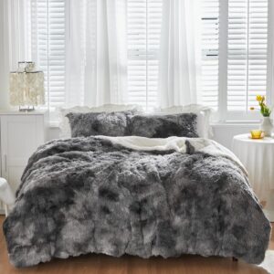 Shaggy Comforter Set Twin Size 2 Pieces Winter Faux Fur Comforter Set with 1 Pillowcases Ultra Soft and Easy Care Luxury Plush Warm Super Fleece Sherpa Bedding Set White with White with Black