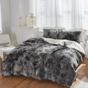 Shaggy Comforter Set Twin Size 2 Pieces Winter Faux Fur Comforter Set with 1 Pillowcases Ultra Soft and Easy Care Luxury Plush Warm Super Fleece Sherpa Bedding Set White with White with Black