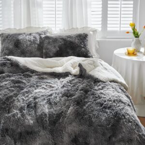 Shaggy Comforter Set Twin Size 2 Pieces Winter Faux Fur Comforter Set with 1 Pillowcases Ultra Soft and Easy Care Luxury Plush Warm Super Fleece Sherpa Bedding Set White with White with Black