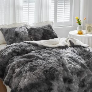 Shaggy Comforter Set Twin Size 2 Pieces Winter Faux Fur Comforter Set with 1 Pillowcases Ultra Soft and Easy Care Luxury Plush Warm Super Fleece Sherpa Bedding Set White with White with Black