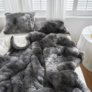 Shaggy Comforter Set Twin Size 2 Pieces Winter Faux Fur Comforter Set with 1 Pillowcases Ultra Soft and Easy Care Luxury Plush Warm Super Fleece Sherpa Bedding Set White with White with Black