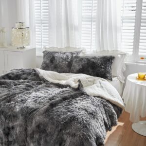 Shaggy Comforter Set Twin Size 2 Pieces Winter Faux Fur Comforter Set with 1 Pillowcases Ultra Soft and Easy Care Luxury Plush Warm Super Fleece Sherpa Bedding Set White with White with Black