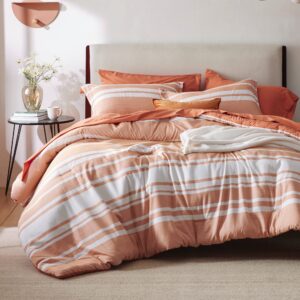 bedsure bed in a bag queen size 7 pieces, burnt orange white striped bedding comforter sets all season bed set, 2 pillow shams, flat sheet, fitted sheet and 2 pillowcases