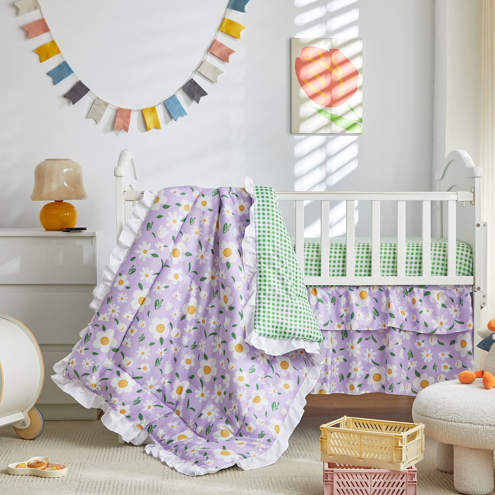 3 Pieces Crib Bedding Set Baby Ruffle Quilted Comforter with Fitted Sheet and Bed Skirt - Cute Ruffled Shabby Chic Baby Bedding Soft Blanket Design Purple with White Floral