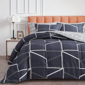 Navy Blue Bed in a Bag 7 Pieces Queen Size All Season Navy White line - Soft Microfiber Reversible Bed Comforter Set (1 Comforter, 2 Pillow Shams, 1 Flat Sheet, 1 Fitted Sheet, 2 Pillowcases)