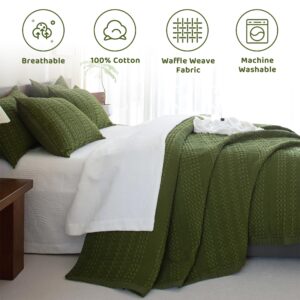 Sanracie Olive Green Waffle Weave Quilt Set Queen Size(90"x98")-100% Cotton Quilted Bedspread Set,3PCS Boho Queen Quilt Bedding Sets, Farmhouse Coverlet Shabby Lightweight Chic Bedding