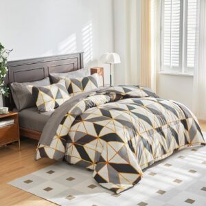 Flysheep Geometric Bed in a Bag 6-Pieces Twin for Kids, Gray Black Beige Rhombus n Triangles Printed Comforter Sheet Set (1 Comforter, 1 Flat Sheet, 1 Fitted Sheet, 2 Pillow Shams, 1 Pillowcase)