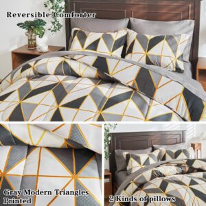 Flysheep Geometric Bed in a Bag 6-Pieces Twin for Kids, Gray Black Beige Rhombus n Triangles Printed Comforter Sheet Set (1 Comforter, 1 Flat Sheet, 1 Fitted Sheet, 2 Pillow Shams, 1 Pillowcase)