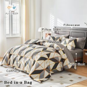 Flysheep Geometric Bed in a Bag 6-Pieces Twin for Kids, Gray Black Beige Rhombus n Triangles Printed Comforter Sheet Set (1 Comforter, 1 Flat Sheet, 1 Fitted Sheet, 2 Pillow Shams, 1 Pillowcase)