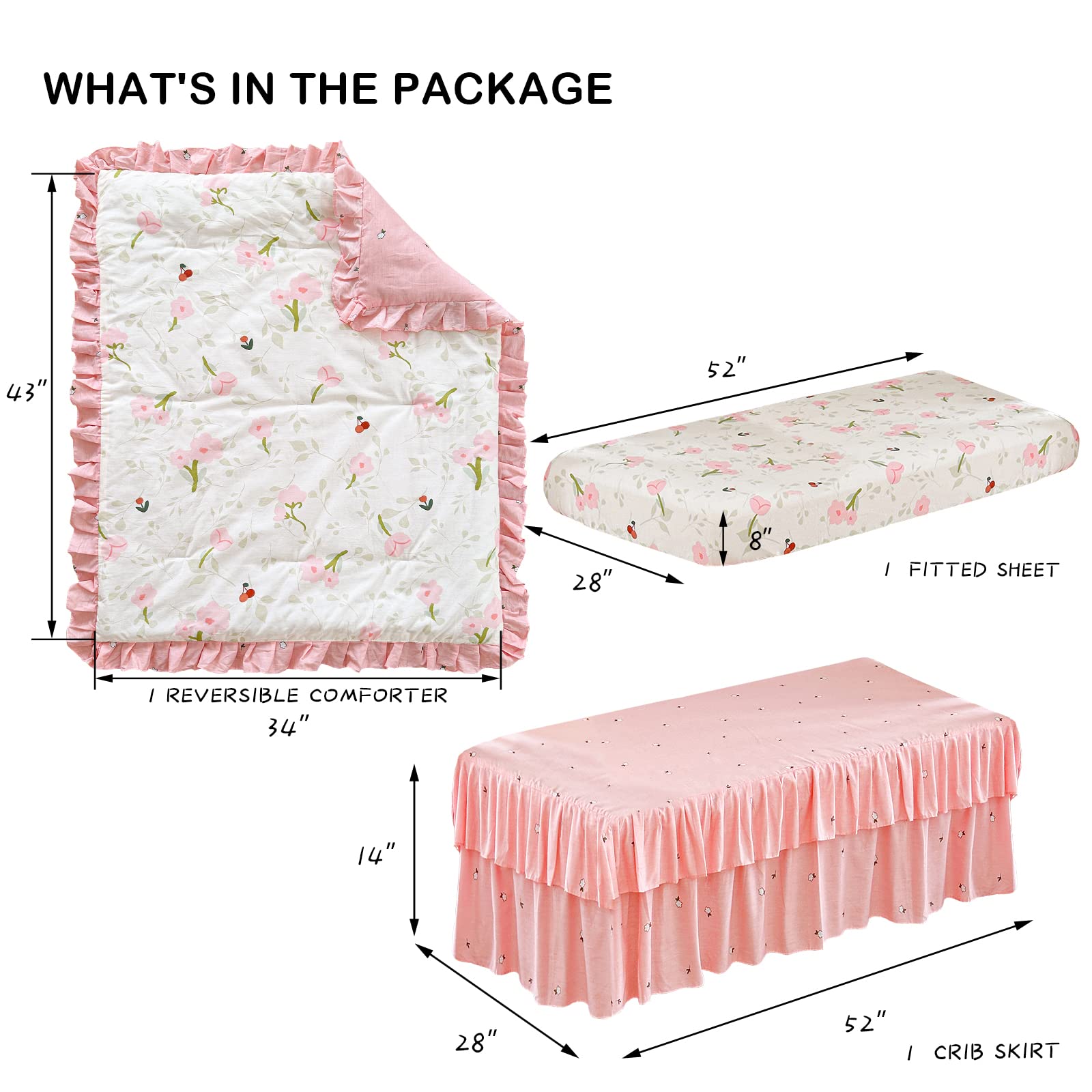 Cotton Ruffle Crib Bedding Set 3 pc Flowers Quilted Comforter with Fitted Sheet and Bed Skirt - Light Pink Flowers and Green Spray - Cute Ruffled Shabby Chic Floral Crib Set Soft Blanket for Girls