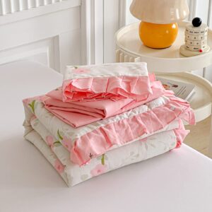 Cotton Ruffle Crib Bedding Set 3 pc Flowers Quilted Comforter with Fitted Sheet and Bed Skirt - Light Pink Flowers and Green Spray - Cute Ruffled Shabby Chic Floral Crib Set Soft Blanket for Girls