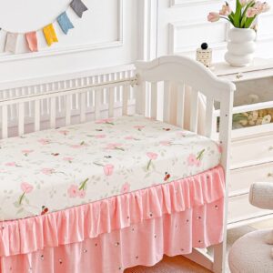 Cotton Ruffle Crib Bedding Set 3 pc Flowers Quilted Comforter with Fitted Sheet and Bed Skirt - Light Pink Flowers and Green Spray - Cute Ruffled Shabby Chic Floral Crib Set Soft Blanket for Girls