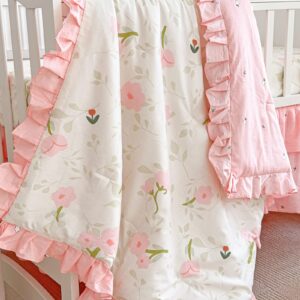 Cotton Ruffle Crib Bedding Set 3 pc Flowers Quilted Comforter with Fitted Sheet and Bed Skirt - Light Pink Flowers and Green Spray - Cute Ruffled Shabby Chic Floral Crib Set Soft Blanket for Girls