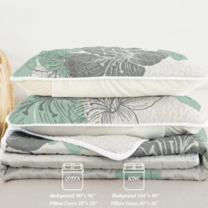 DJY 3 Pieces Quilt Set King Green Floral Pattern Quilt Coverlet Elegant Boho Bedspread with 2 Pillow Shams Soft Lightweight Bedding Quilt Set for All Season 104"x90"