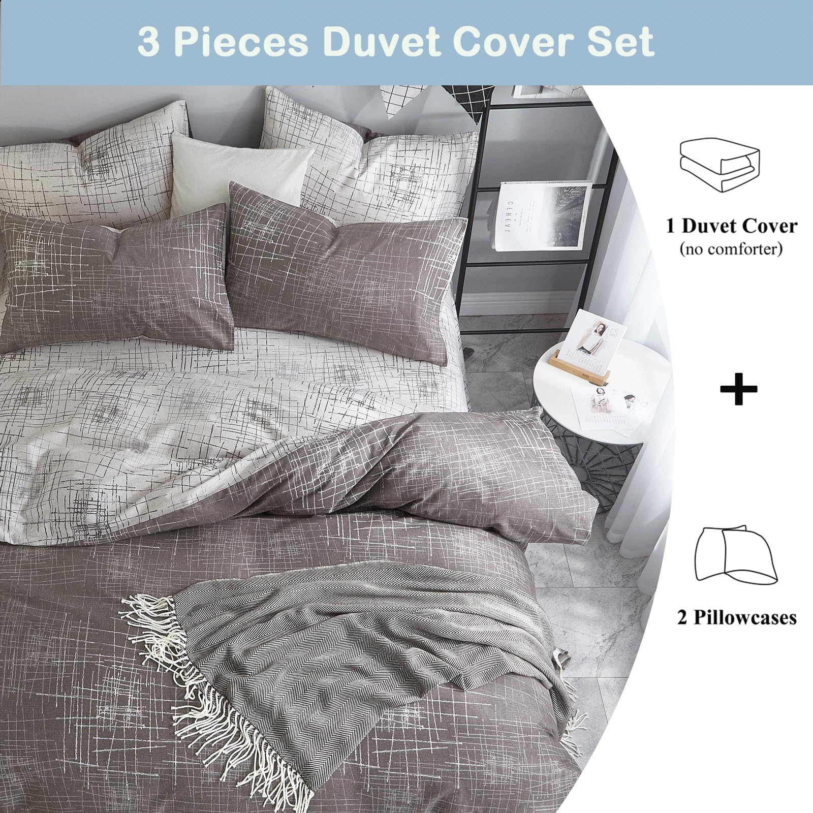 VM VOUGEMARKET Abstract Duvet Cover Queen,100% Cotton Brown Gray Reversible Duvet Cover Set for Men,Teens,Minimalism Modern Bedding Set-Queen,Artwork