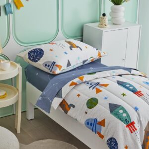 100% Cotton 4 Pieces White Space Toddler Bedding Set with Colorful Rocket Stars and Planet Includes Adorable Quilted Comforter, Blue Gray Fitted Sheet, Top Sheet, and Pillow Case for Boys Girls