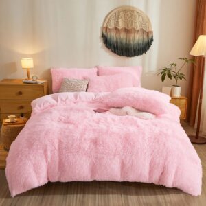 pink fluffy comforter cover set,ultra soft faux fur duvet cover bedding sets king 3 pieces with pillow cases, fluffy pink bed set zipper closure (pink, king)