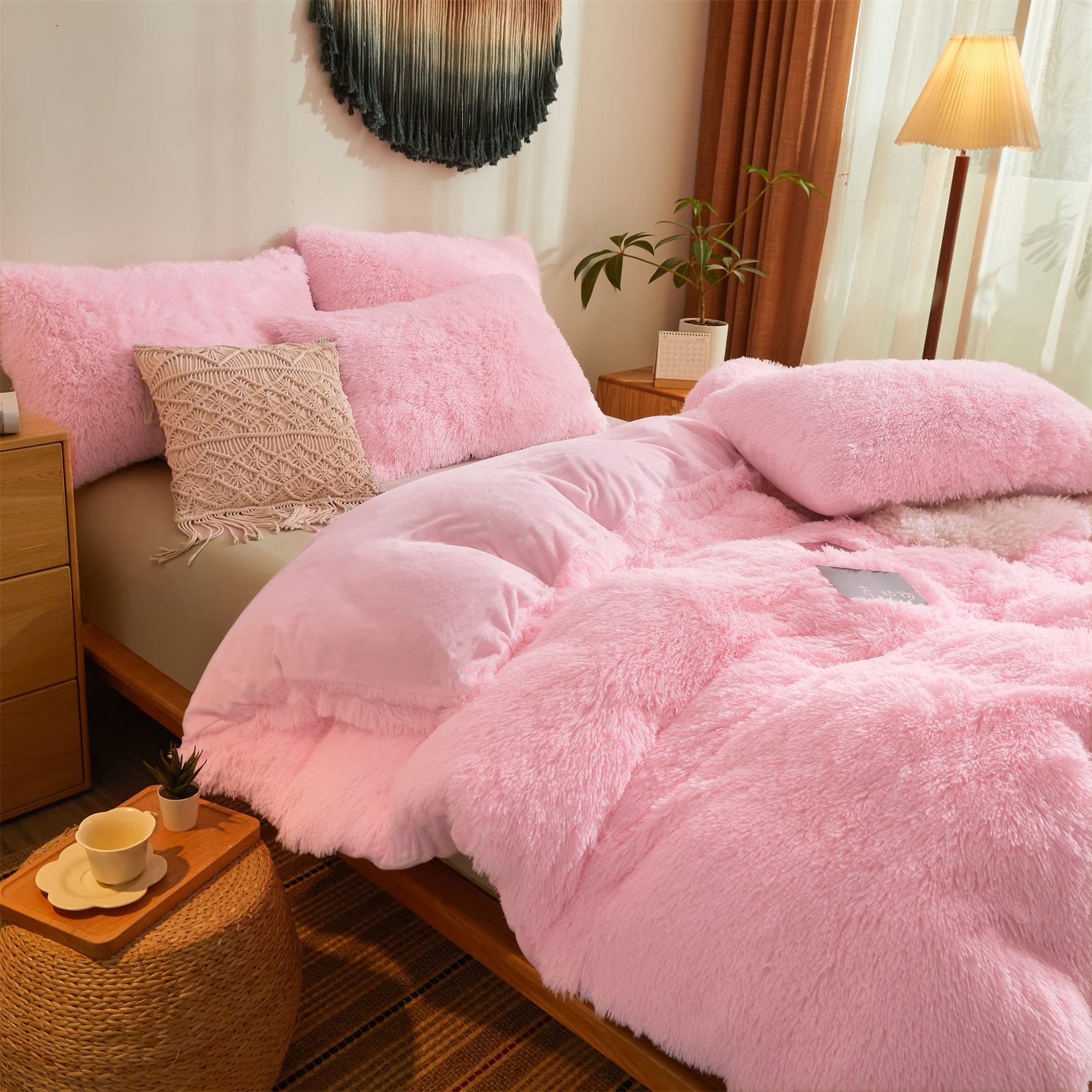 Pink Fluffy Comforter Cover Set,Ultra Soft Faux Fur Duvet Cover Bedding Sets king 3 Pieces with Pillow Cases, Fluffy Pink Bed Set Zipper Closure (Pink, King)