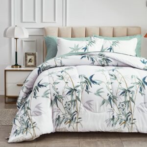 6 pieces bed in a bag twin comforter set with sheets, green leaves on white botanical design bedding sets for kids (1 comforter, 2 pillow shams, 1 flat sheet, 1 fitted sheet, 1 pillowcases)