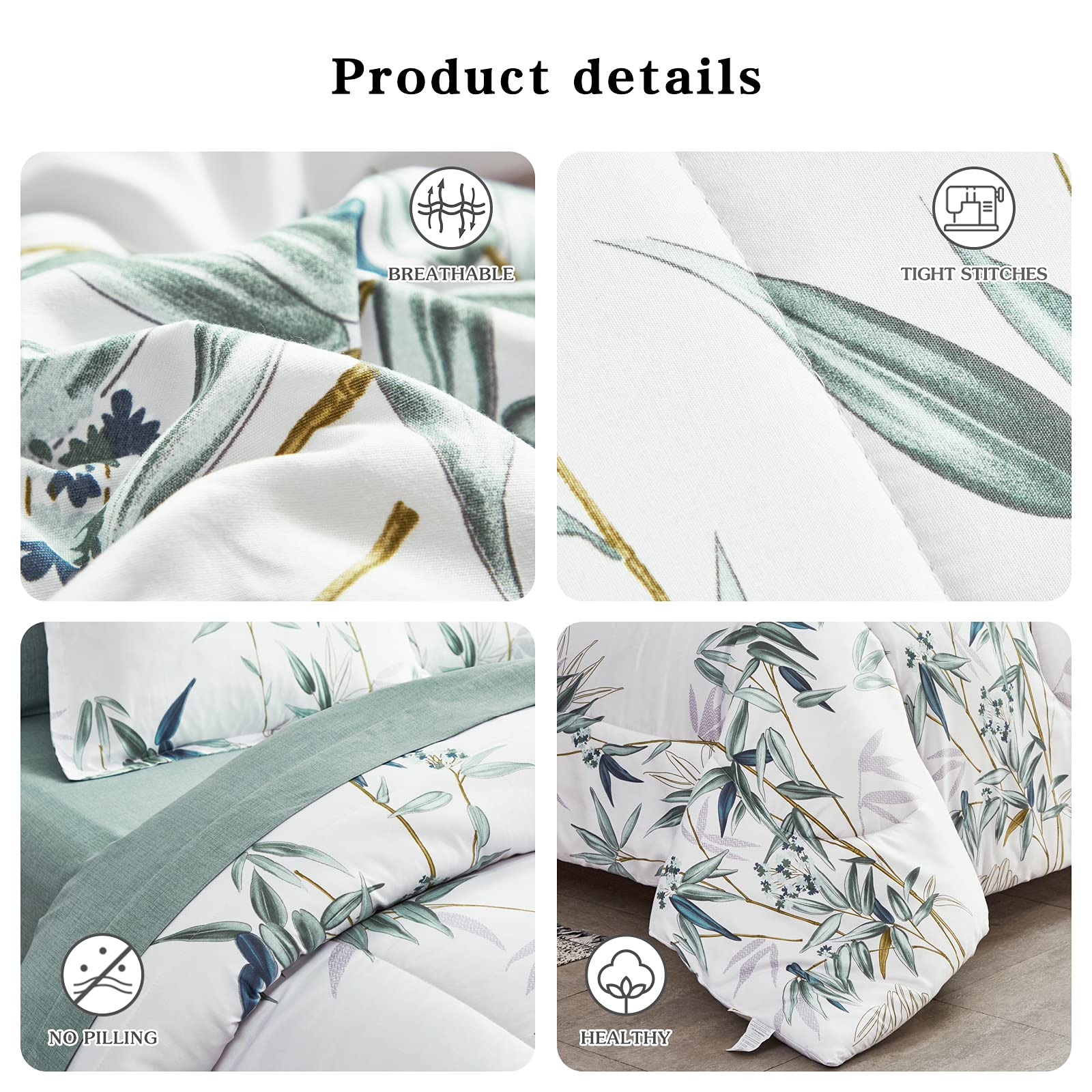 6 Pieces Bed in a Bag Twin Comforter Set with Sheets, Green Leaves on White Botanical Design Bedding Sets for Kids (1 Comforter, 2 Pillow Shams, 1 Flat Sheet, 1 Fitted Sheet, 1 Pillowcases)