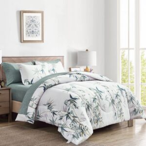 6 Pieces Bed in a Bag Twin Comforter Set with Sheets, Green Leaves on White Botanical Design Bedding Sets for Kids (1 Comforter, 2 Pillow Shams, 1 Flat Sheet, 1 Fitted Sheet, 1 Pillowcases)