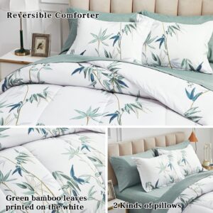 6 Pieces Bed in a Bag Twin Comforter Set with Sheets, Green Leaves on White Botanical Design Bedding Sets for Kids (1 Comforter, 2 Pillow Shams, 1 Flat Sheet, 1 Fitted Sheet, 1 Pillowcases)