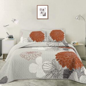 Floral Pattern Quilt Set Queen Burnt Orange Bedspread 3 Pieces Coverlet Soft Lightweight Bed Cover with 2 Pillow Shams for All Season 96"x90"