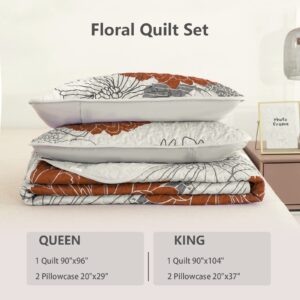 Floral Pattern Quilt Set Queen Burnt Orange Bedspread 3 Pieces Coverlet Soft Lightweight Bed Cover with 2 Pillow Shams for All Season 96"x90"