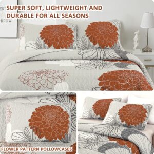 Floral Pattern Quilt Set Queen Burnt Orange Bedspread 3 Pieces Coverlet Soft Lightweight Bed Cover with 2 Pillow Shams for All Season 96"x90"