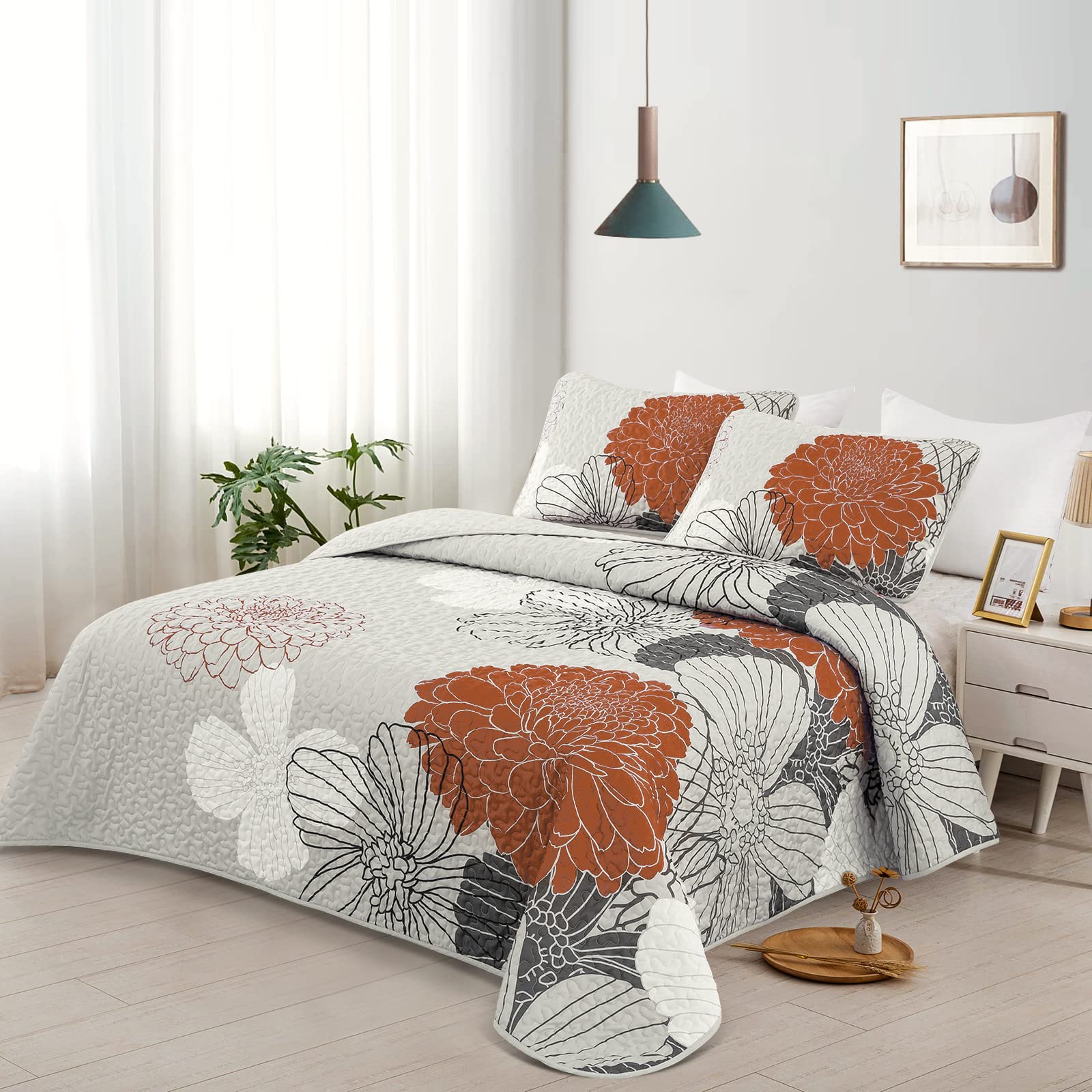 Floral Pattern Quilt Set Queen Burnt Orange Bedspread 3 Pieces Coverlet Soft Lightweight Bed Cover with 2 Pillow Shams for All Season 96"x90"