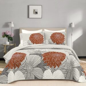 Floral Pattern Quilt Set Queen Burnt Orange Bedspread 3 Pieces Coverlet Soft Lightweight Bed Cover with 2 Pillow Shams for All Season 96"x90"