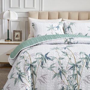 Flysheep Botanical Quilt Set 2 Pieces Twin Size, Green Leaves Printed on White Reversible Bedspread Coverlet Set, Soft Microfiber Lightweight Bed Cover for Kids (68" x 86", 1 Quilt+ 1 Pillow Sham)