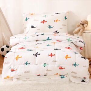 jsd airplane toddler comforter sheet set, 4 piece toddler bedding set soft microfiber toddler sheet set with comforter